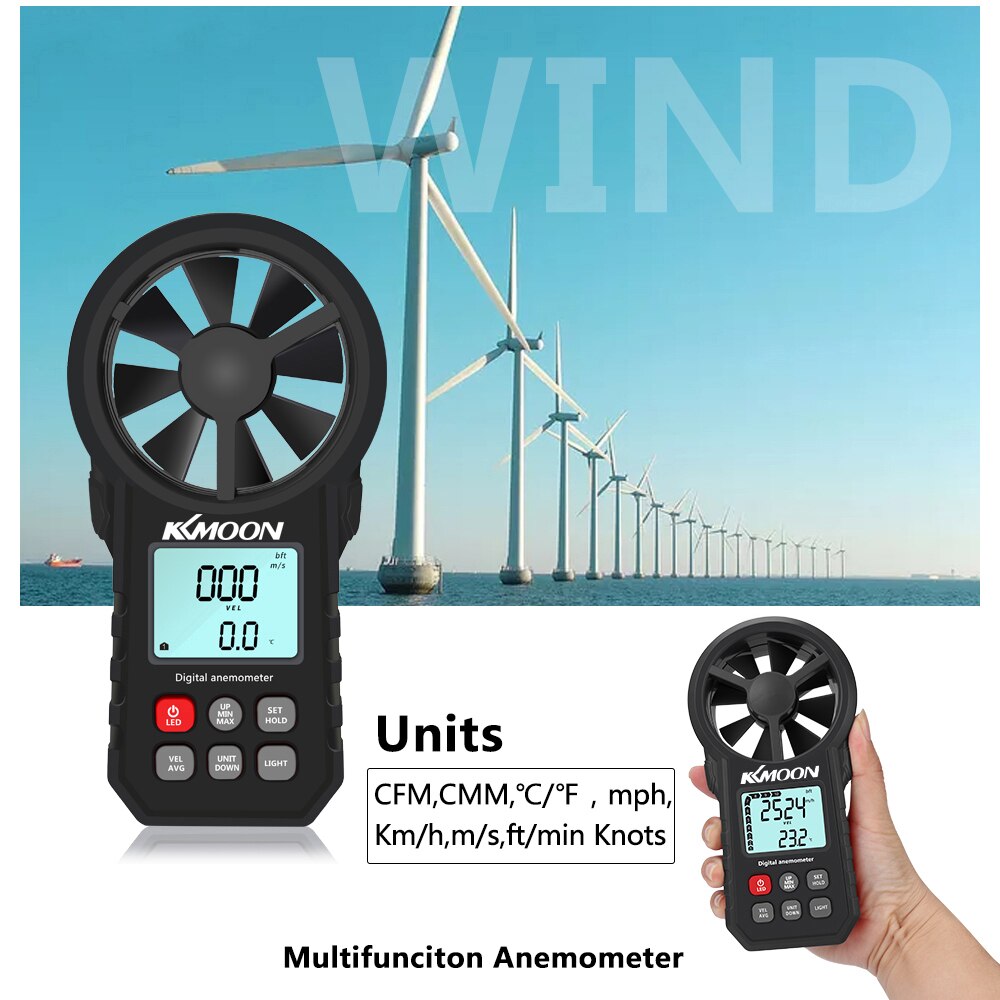 KKMOON Handheld Wind Speed Sensor Digital Anemometer Tachometer CFM Meter Portable Wind Speed Meter with LCD Backlight