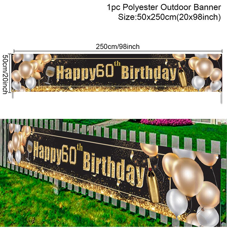Black Gold Outdoor Birthday Banner Happy 30th 40th 50th Birthday Party Decor Adult 30 40 50 Year Birthday Anniversary Party Sup: 60th Birthday Banner