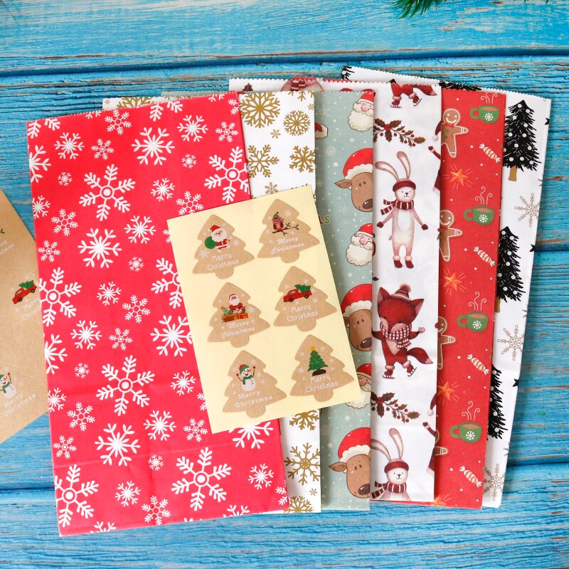 5/6 sæt julekraftpose snefnug julemanden xmas festindretning papirpose diy papirvarer konvolut med klistermærker
