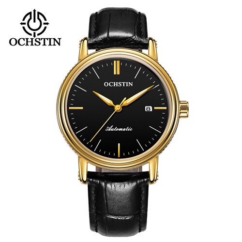 Ochstin Horloge Luxe Top Brand Lederen Mens Mechanische Hollow Skeleton Automatische Mannelijke Klok Lichtgevende Datum Sport Horloge: Gold black