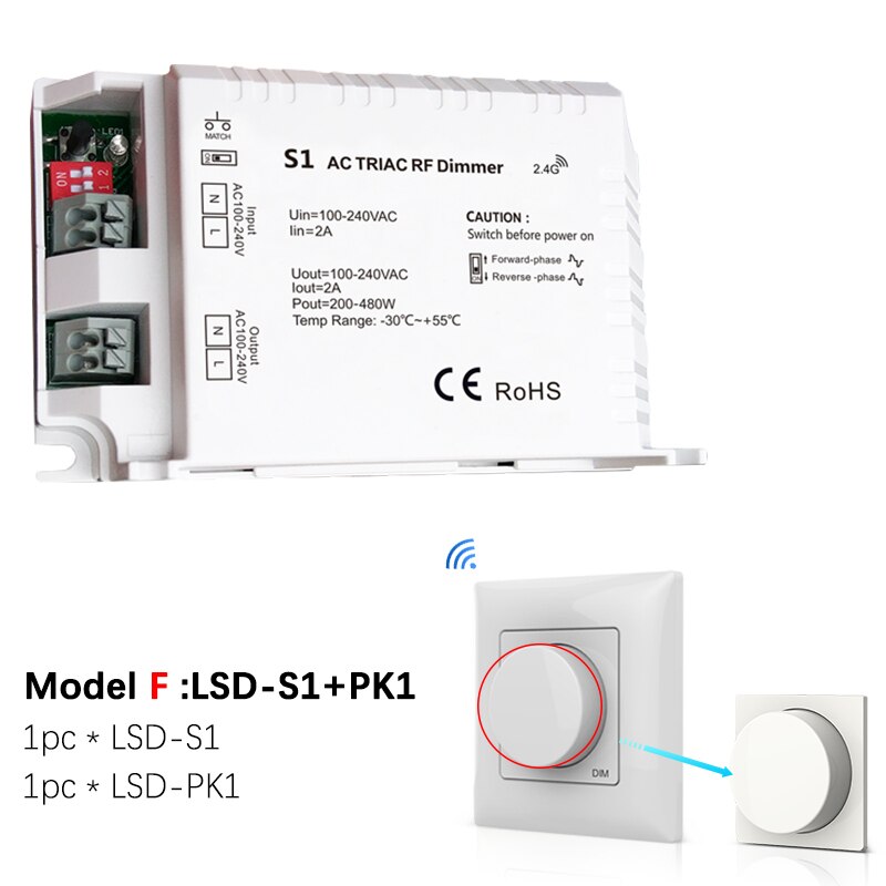 Triac LED Dimmer 220V 230V 110VAC 2.4G PK1/Wifi Remote Control Brightness adjustment for Single Color LED dimmable light bulb: Model F