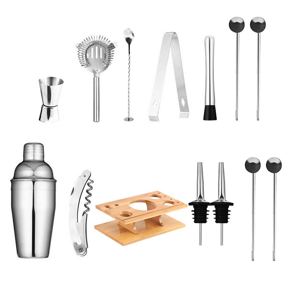 14pcs Cocktail Shaker Set with Wood Rack Stand 750ml Stainless Steel Cocktail Mixology Kit Making Wine Bars Set Drinks Tool