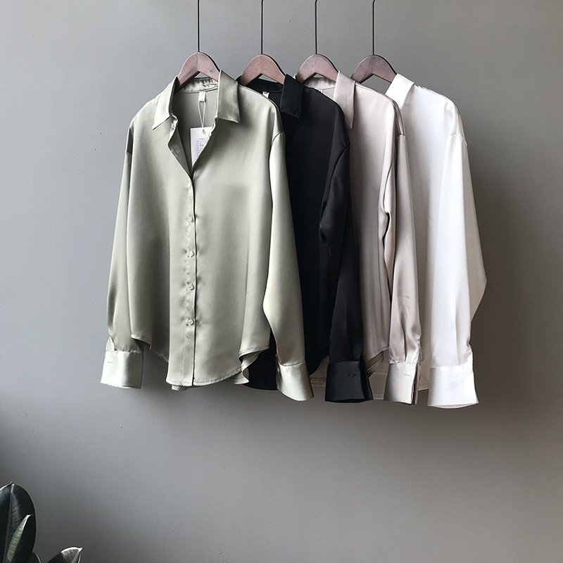 Vårskjorte med knapper i sateng og silke, vintagebluse, hvite topper, dame, lange ermer, løse gateskjorter, 11355
