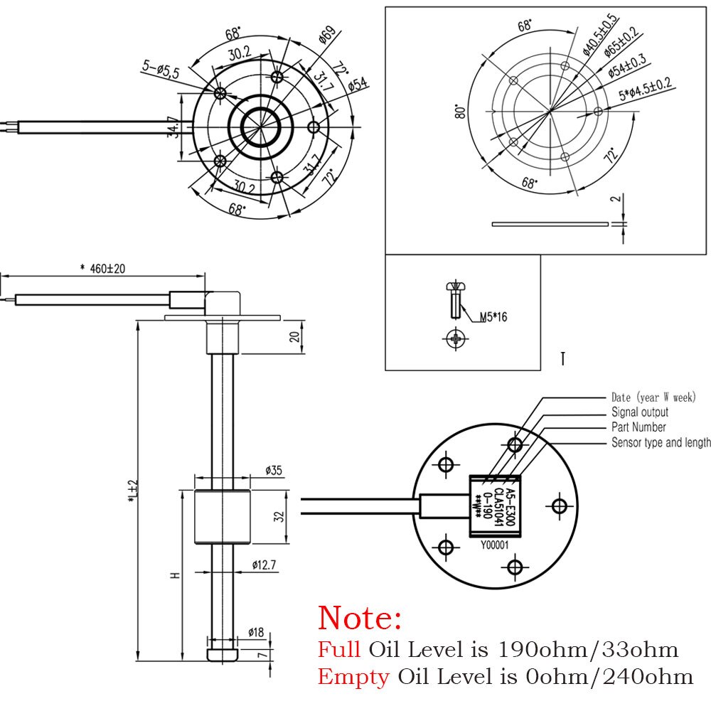 Sensore di livello dell'acqua per barche da 52mm per indicatore di livello dell'acqua da 0 ~ 190 ohm 240-33ohm con unità di invio carburante 150 200 250 300 350 mm