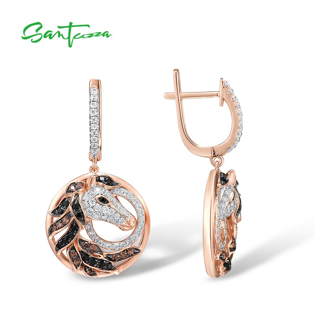 SANTUZZA Silver Earrings For Women Pure 925 Sterling Silver Rose Gold Color Black Brown Horse Earrings Trendy Party Fine Jewelry