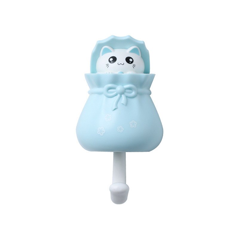 Sac en forme de chat porte-bonheur Kawaii, crochet de porte-clé arrière, crochet mural auto-adhésif décoratif pour rangement de salle de bain: blue