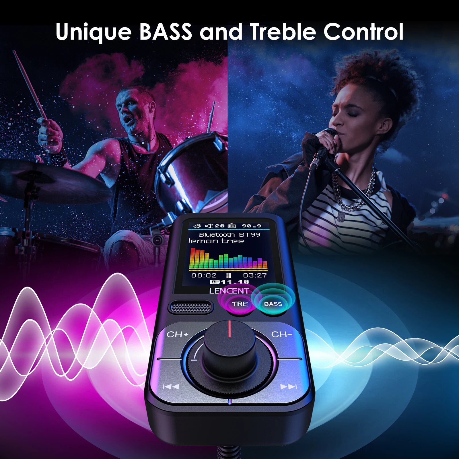 LENCENT Bluetooth 5.0 FM-zendermodulator met 2USB-poorten QC3.0 Auto Snellader MP3-speler Radiozender Carkit