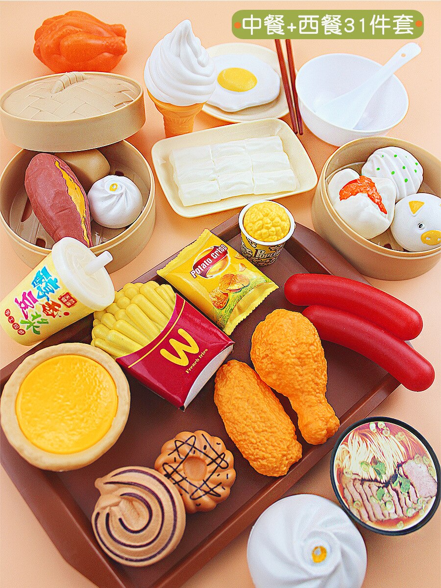 Kinderen Spelen Huis Model Voedsel Steamer Gestoomde Gevuld Broodje Snack Hamburg Westerse Voedsel Sushi Maaltijd Keuken Meisje Speelgoed Set: Chinese Food   Western Food 31 Pieces A08