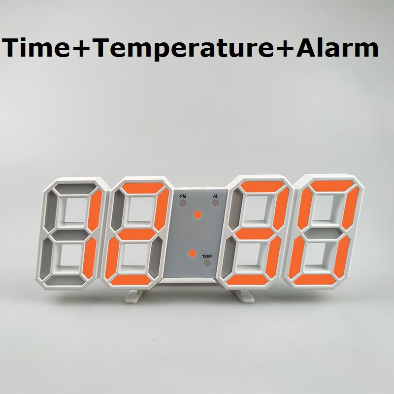 3D horloge moderne numérique 12/24 heure affichage de l'heure mur LED horloge LED rétro-éclairage support de température ou suspendus alarmes pour chambre à coucher: White Shell Orange