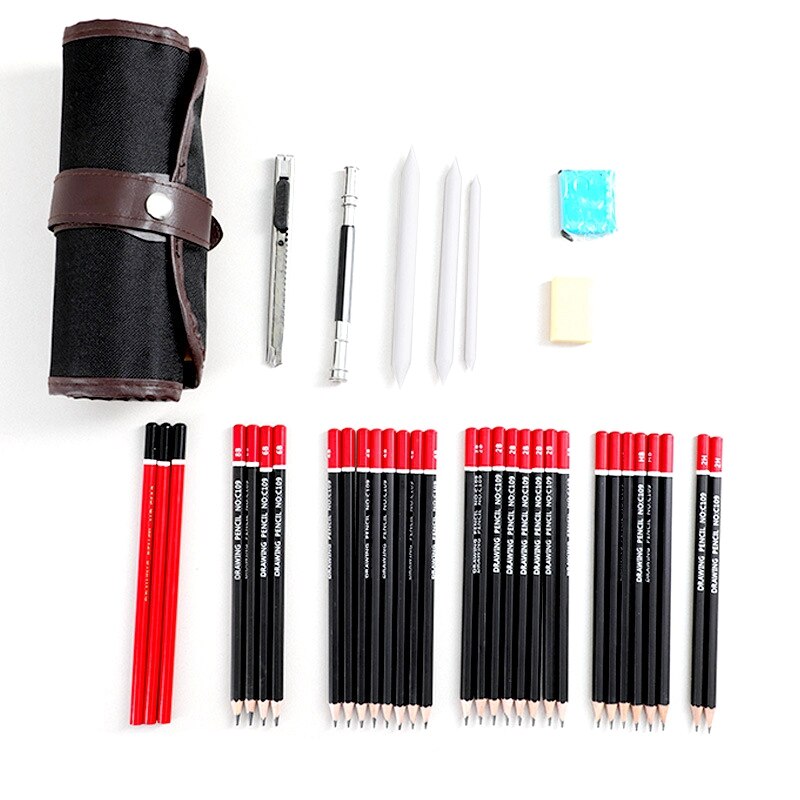 Juego de lápices profesionales para bocetos de 39 Uds., Kit de dibujo, lápices de madera, bolsas de lápices para estudiantes de escuela, suministros de arte: Default Title