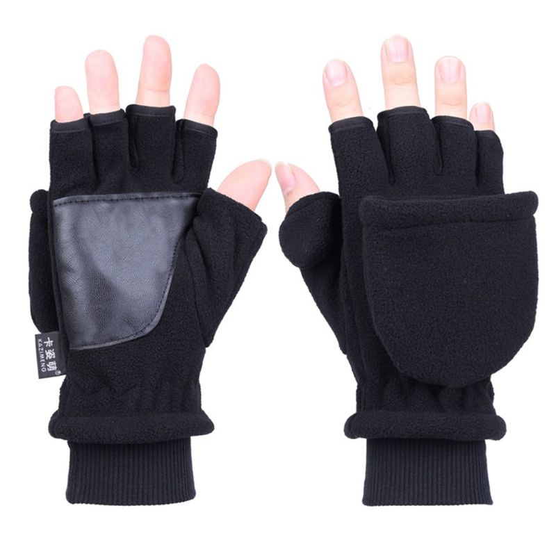Gants demi-doigts en polaire | Hiver pour hommes et femmes, Double couche épaisse écran tactile, mitaines convertibles sans doigts: male black