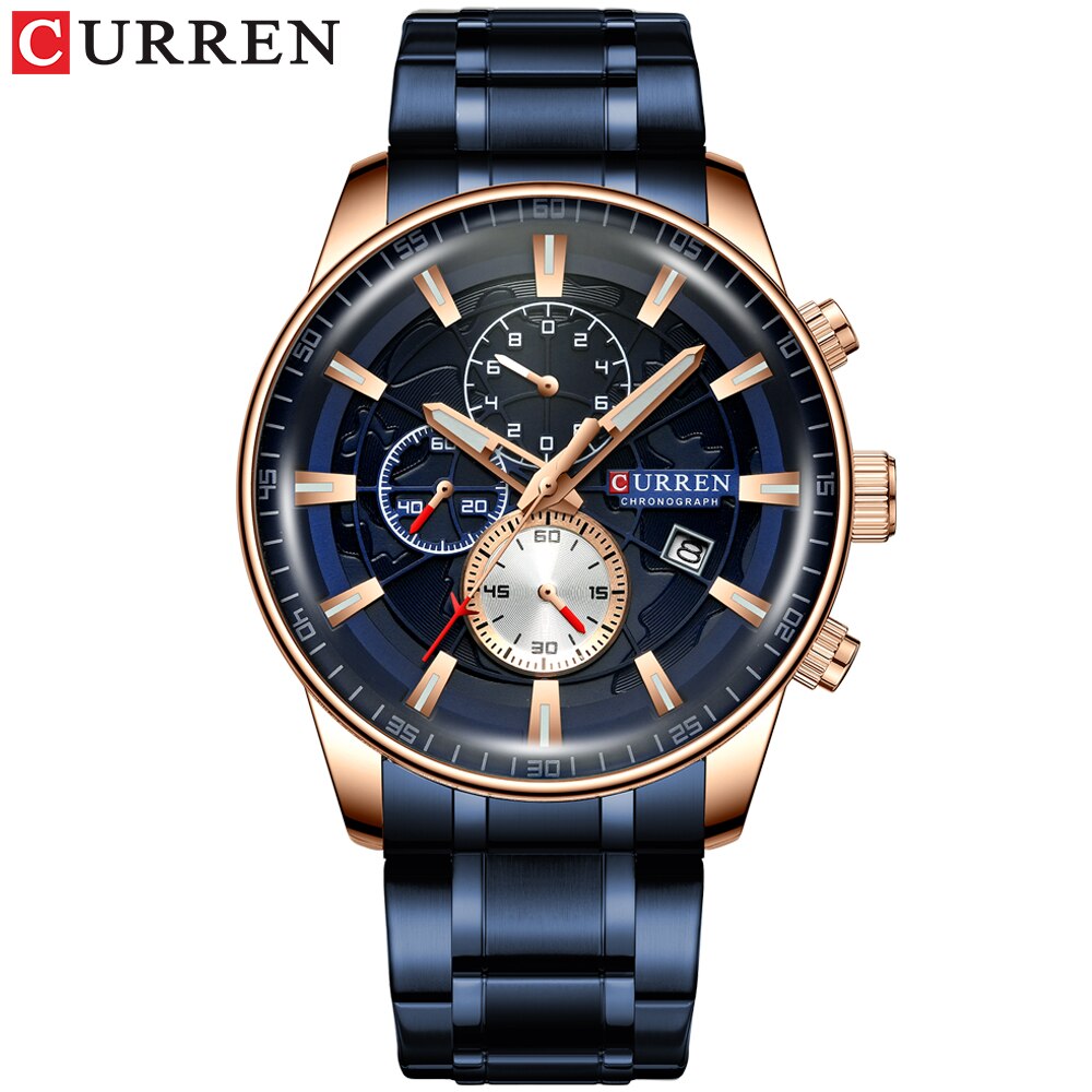 Curren Horloges Heren Mode Sport Horloge Met Chronograaf Lichtgevende Handen Klok Mannelijke Horloge Blauw Rvs Band: blue
