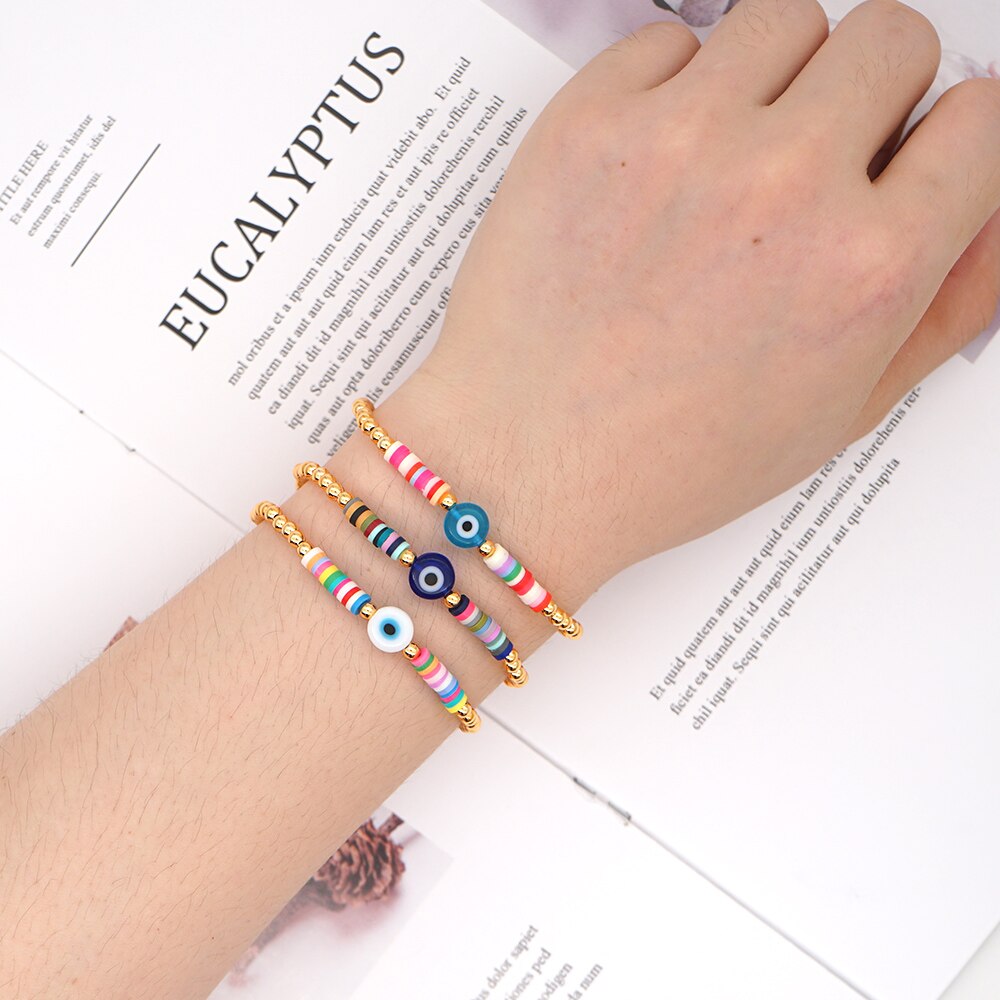 Go2Boho Turkish Evil Eye Bracelet for Women Heishi Bracelets Pulseras Greek Eye Jewelry Gold Color Beaded Braclet