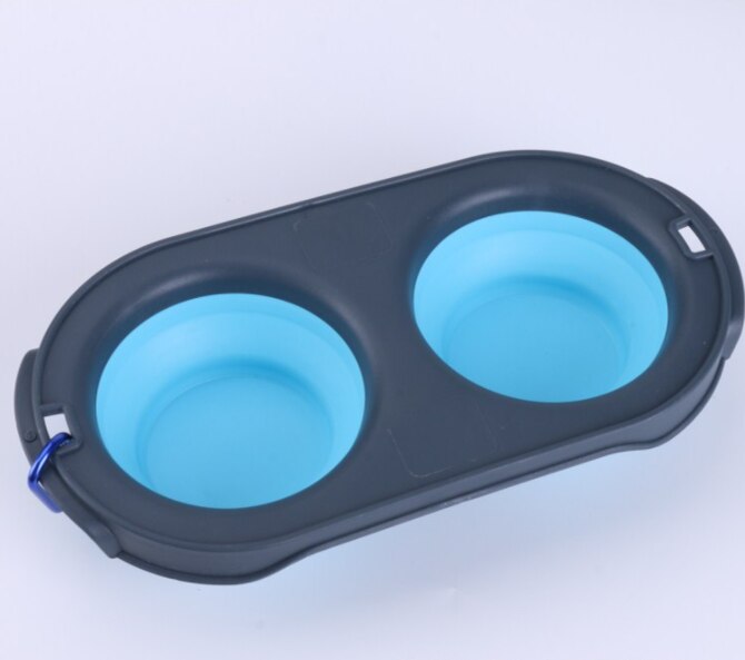 Bol doble para perro plegable de silicona, maceta de perro y gato, bote antideslizante, tazón individual, portátil: Double bowl-BLUE