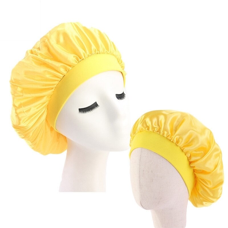 Hårpleiehette foreldre-barn elastisk polyester bred kant nattsøvn lue silke kuppel familie for panser sateng damer: Gul
