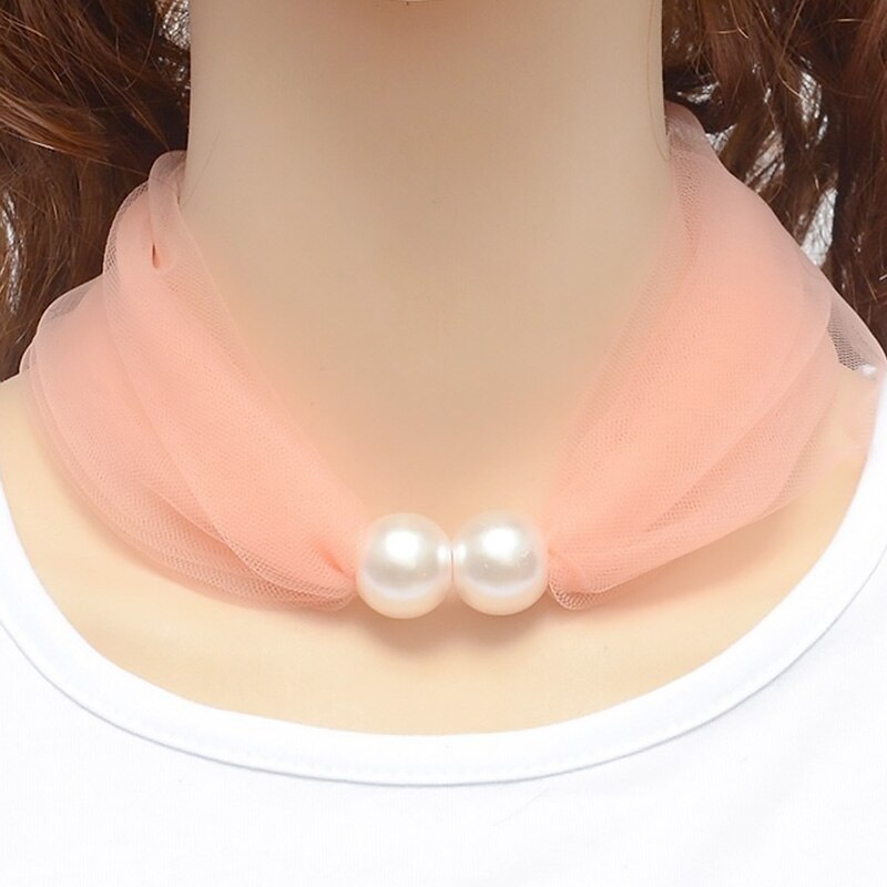 Spring Net Yarn Pearl Scarf Necklace Women Choker Party Jewelry Pure Color Scarf Necklaces: Light Pink