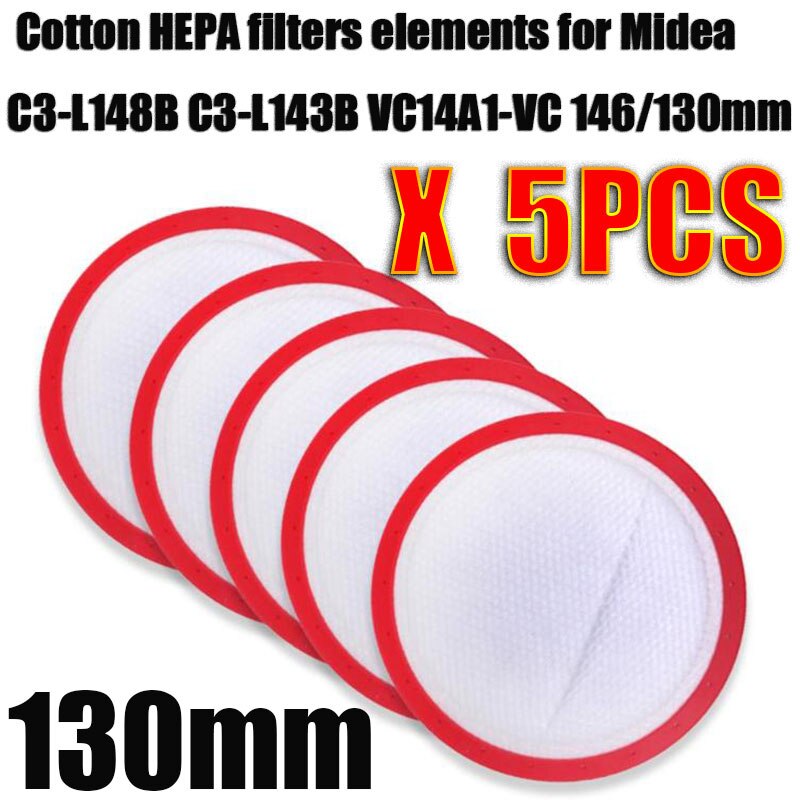 Replacement Washable Vacuum Cleaner Round HV Filter Cotton HEPA filters elements for Midea C3-L148B C3-L143B VC14A1-VC 146/130mm: 130mm 5pcs