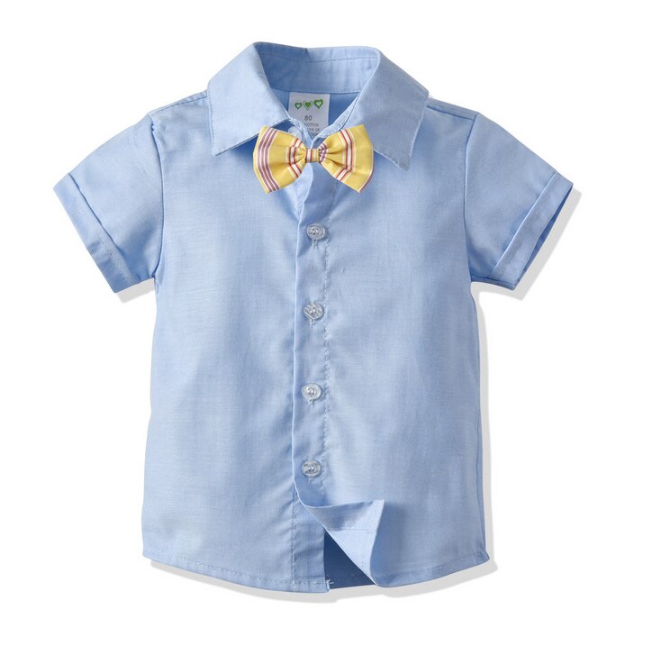 Peuter Kids Jongens Korte Mouw Met Bowtie Effen Kleur Revers Knoppen Shirts Tops Kinderkleding Baby Jongens Blouses