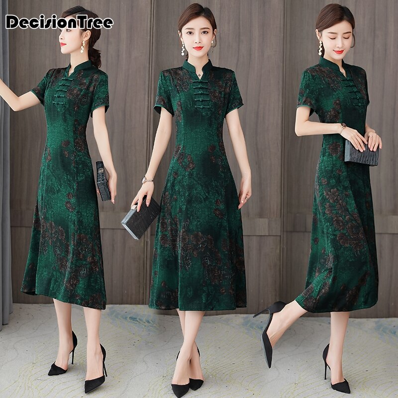 red chinese wedding party bride qipao print flower women evening dress oriental retro show cheongsam