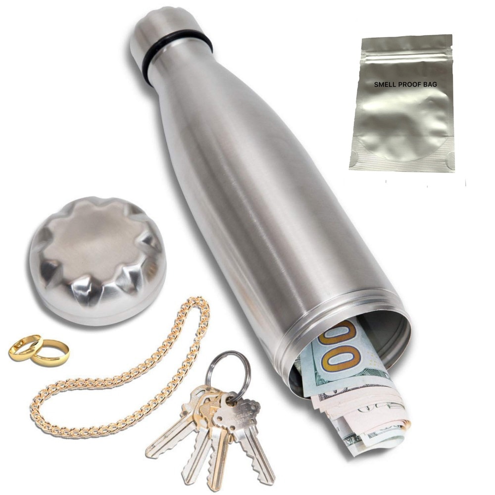 Afledningsvandflaske kan rustfrit stål tumbler sikker med en fødevaregodkendt lugtsikker pose bund skrues af for at opbevare: Sølv