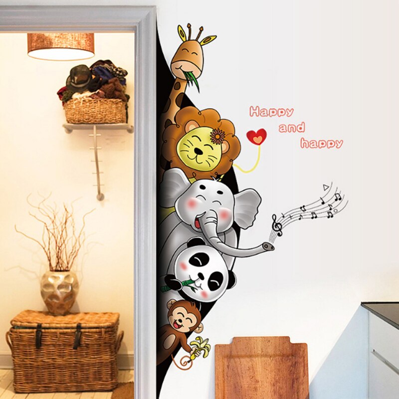 Cartoon Animals 3D Wall Stickers For Kids Room Friendly Panda Elephant Monkey Wallpaper Door Decor