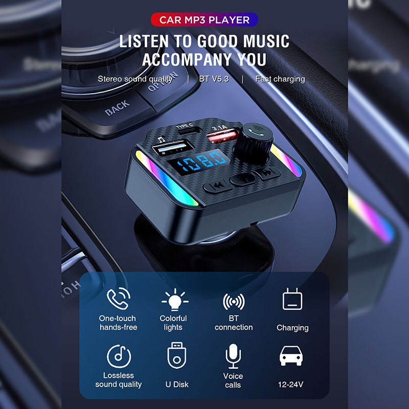Bluetooth 5.3 bil fm-sändare pd typ-c dubbel usb  mp3- spelare bilradio modulator snabbladdningsadapter handsfree färgglatt ljus