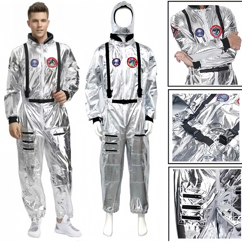 EraSpooky Silver Astronaut Costume Adult for Women Men Cosplay Costumes Spaceman Jumpsuit Space Suit Outfit Halloween