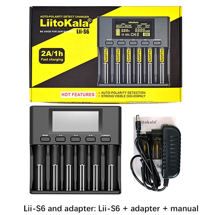Liitokala lii -s6 lii -500s batterioplader 18650 oplader auto-polaritet registrere til 18650 26650 21700 32650 aa aaa batterier
