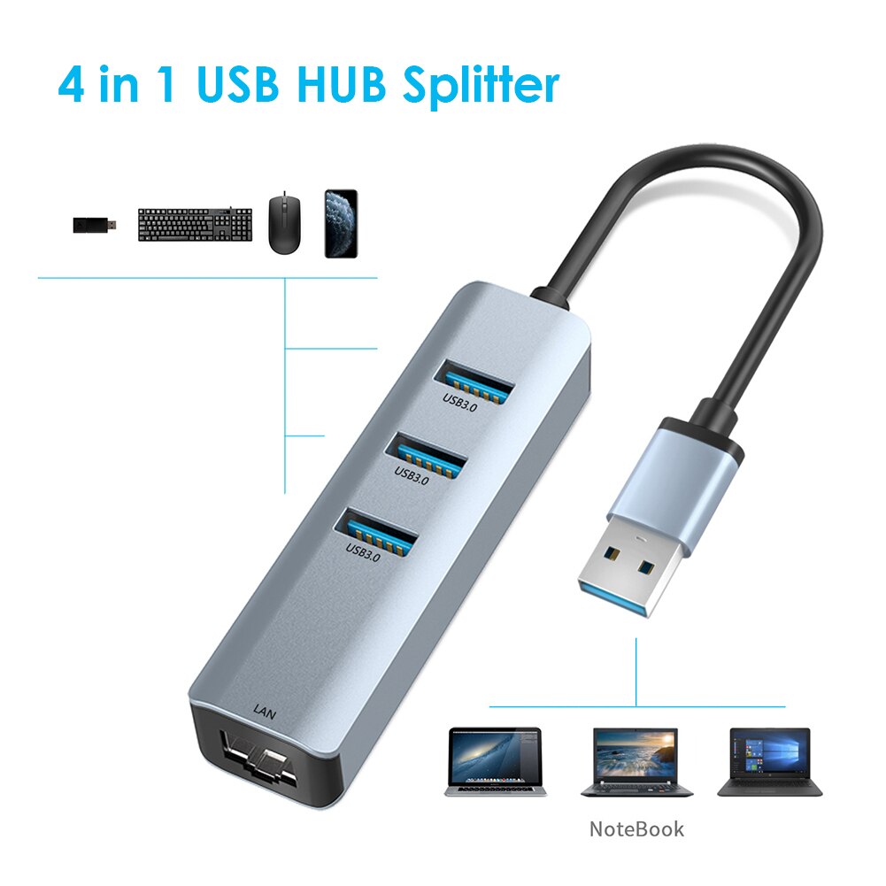 Portable 4 in 1 USB HUB USB 3.0 to Rj45 HUB Gigabit Ethernet Adapter 1000Mbps Network Card Lan for Laptop Desktop PC