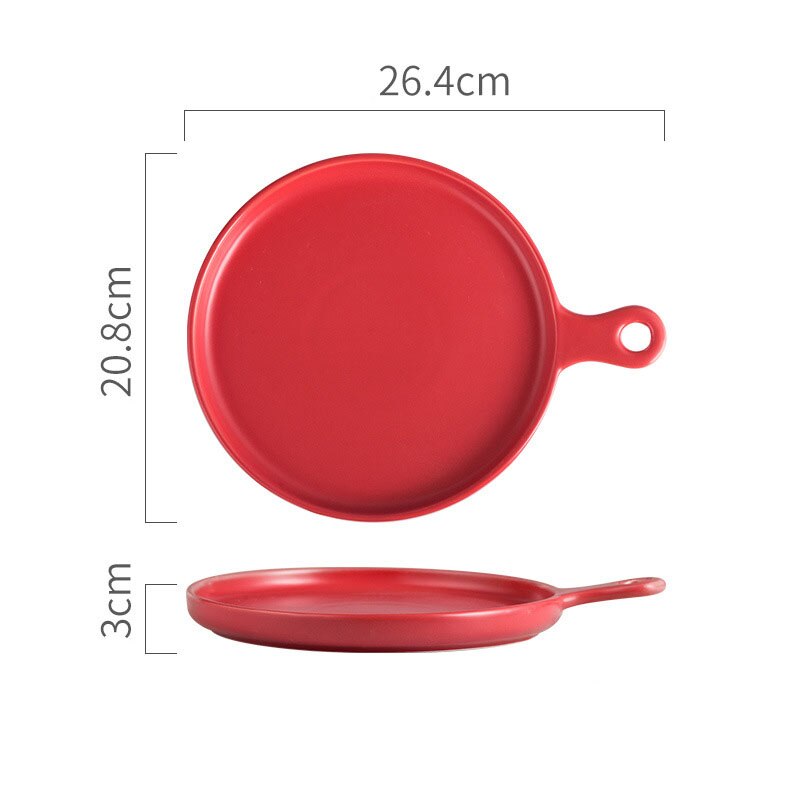 Ceramic Handle Baking Pan Pizza Baking Plate Western Steak Tray Dessert Tray Microwave Oven Flat Plate Kitchen Decor Dinnerware: Red