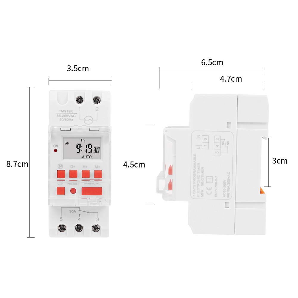 Universal Input 85~265Vac 30A 5000W Din Rail Mounted 7 Days Programmable Digital Timer Switch Relay Control with Countdown