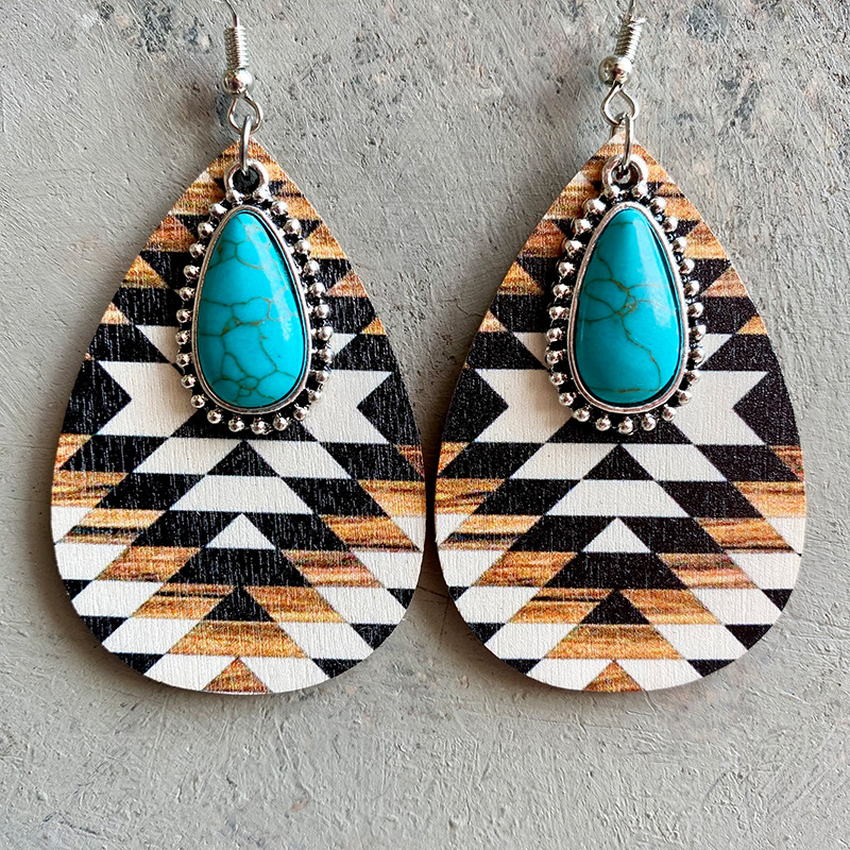 Aztec Pattern Wood Turquoise Teardrop Earrings for Women 2022 Western Inspired Earrings Boho Jewelry