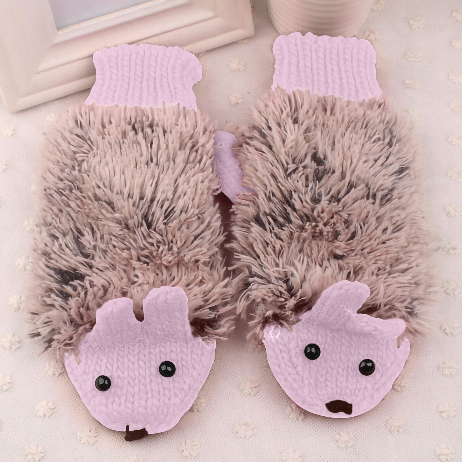 Winter Gloves Women Cartoon Hedgehog Wool Double Layer Thermal Mittens Full Finger Weave Gloves Перчатки Женские: Pink 