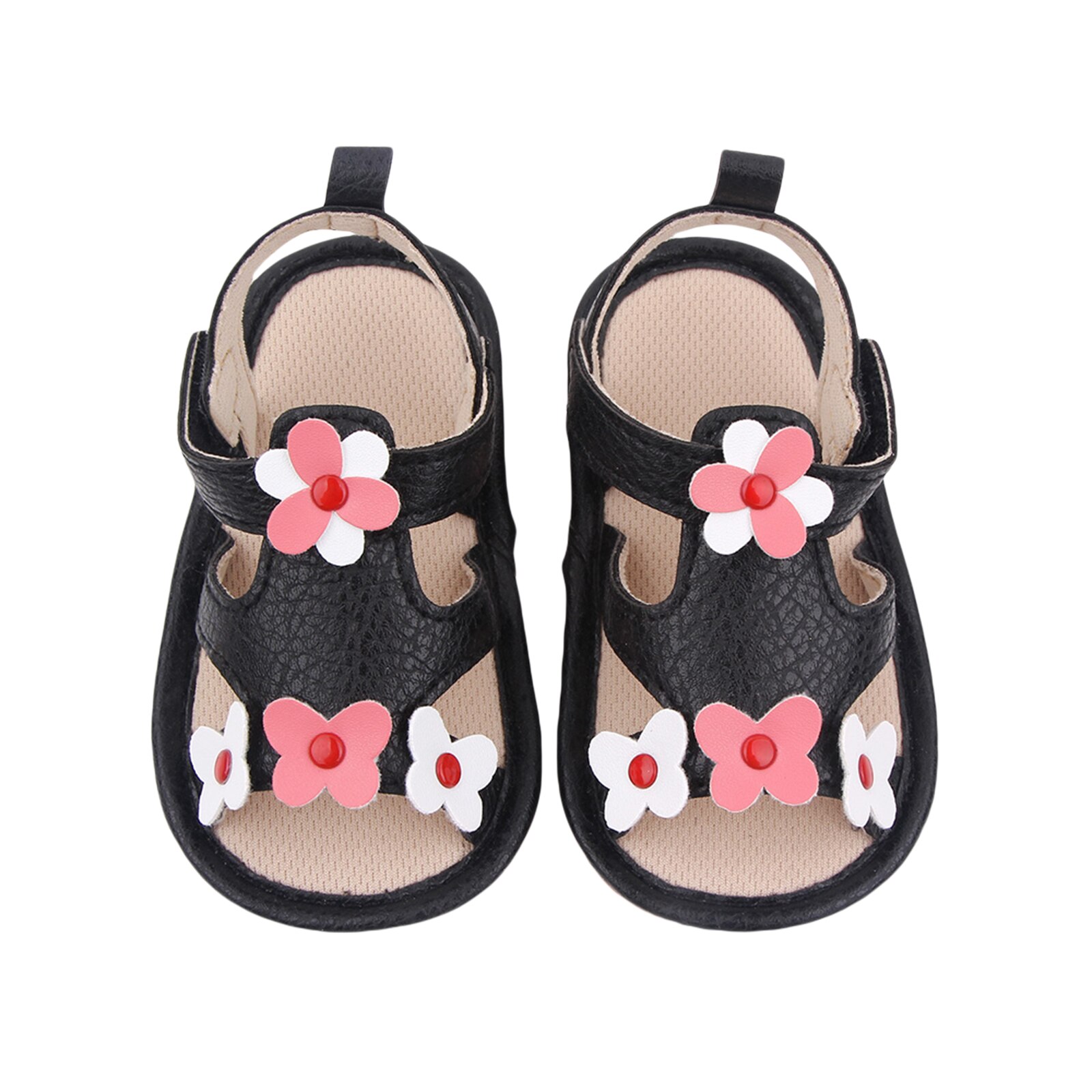 Baby Anti-Slip Platte Schoenen, Bloem Patroon Zachte Zool Sandalen Voor Baby Meisjes, wit/Zwart/Roze: Black / 0-6 Months