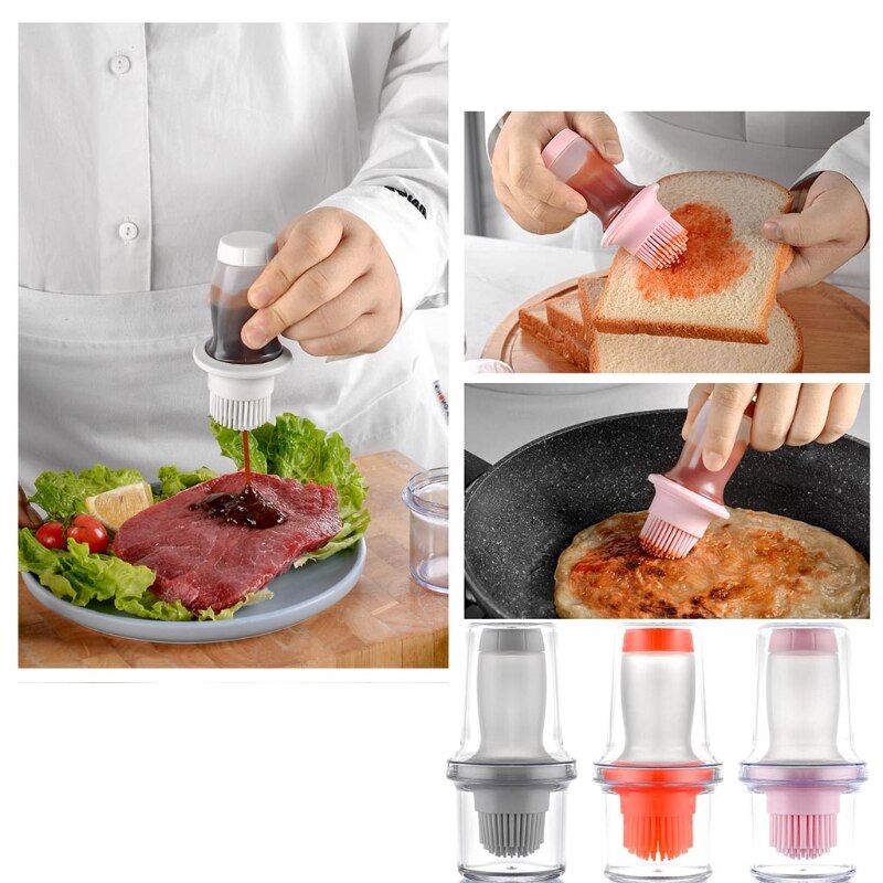 BBQ Oil Bottle Brush, Portable Silicone Oil Brush Bottle Barbecue Brush with Protective Cover Baking Great for BBQ, Picnic