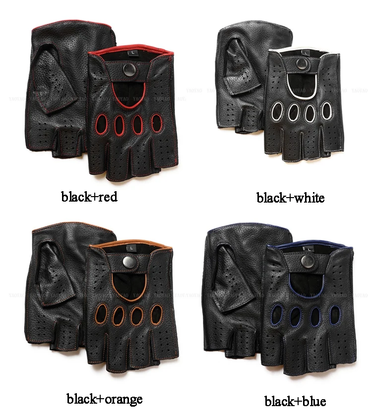 Guantes de cuero puro Real de para hombre, Guantes finos de medio dedo para Fitness, Guantes elegantes de dos colores para conducir, montar en gimnasio, sin forro