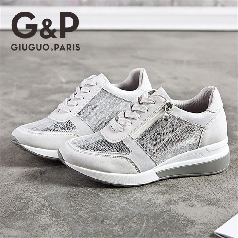 Casual wedge sneakers dame sportsmærke sko åndbare letvægts glitter sneakers med snøre: Grå / 39