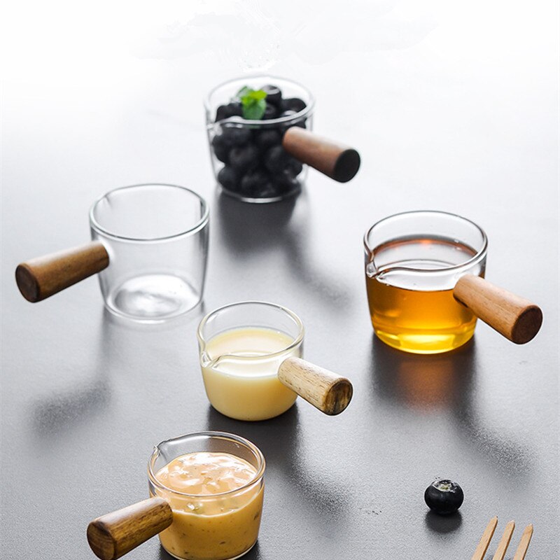 Glass Measuring Cup Creamer Jug Glass Coffee Milk Pitcher Espresso Cup Vinegar Sauce Cup Glass Gravy Boat with Wood Handle