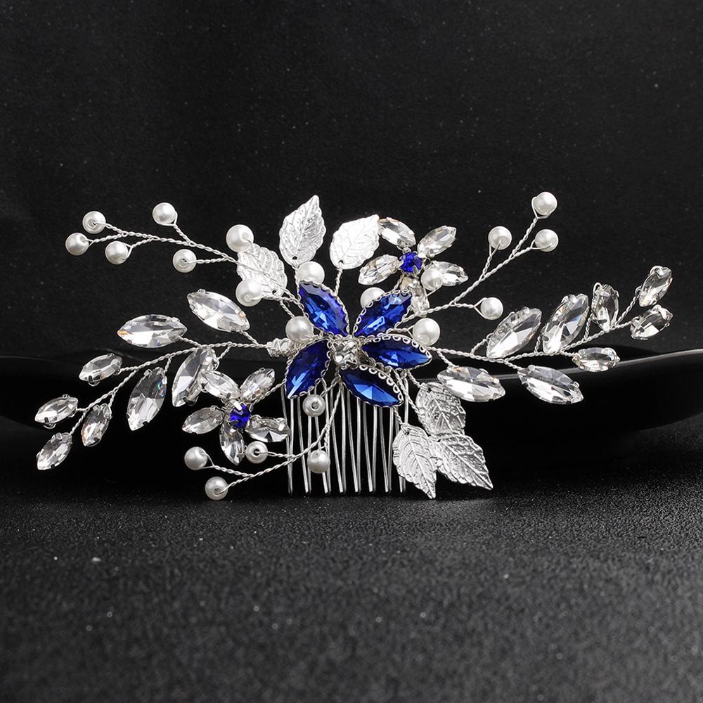 Simples acessórios de cabelo nupcial azul diamante pente de cabelo nupcial pente de cabelo acessórios de vestido de casamento: Azul