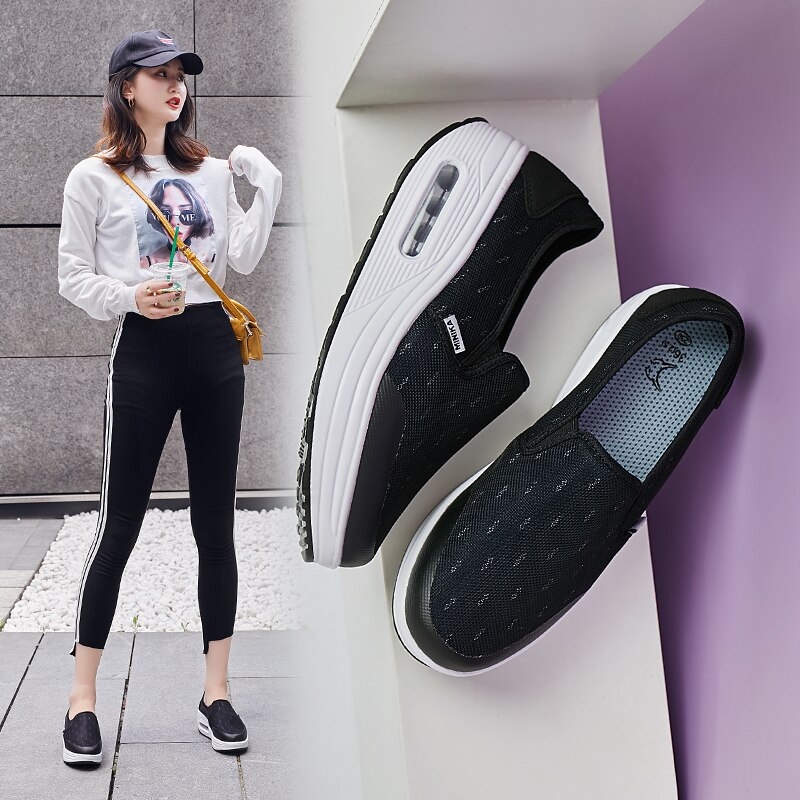 Breathable Fabric Fitness Sneakers Height Increasing Women's Swing Shoes Air Cushion Outdoor Shake Platform Aerobics Sport Shoe: Black / 6.5