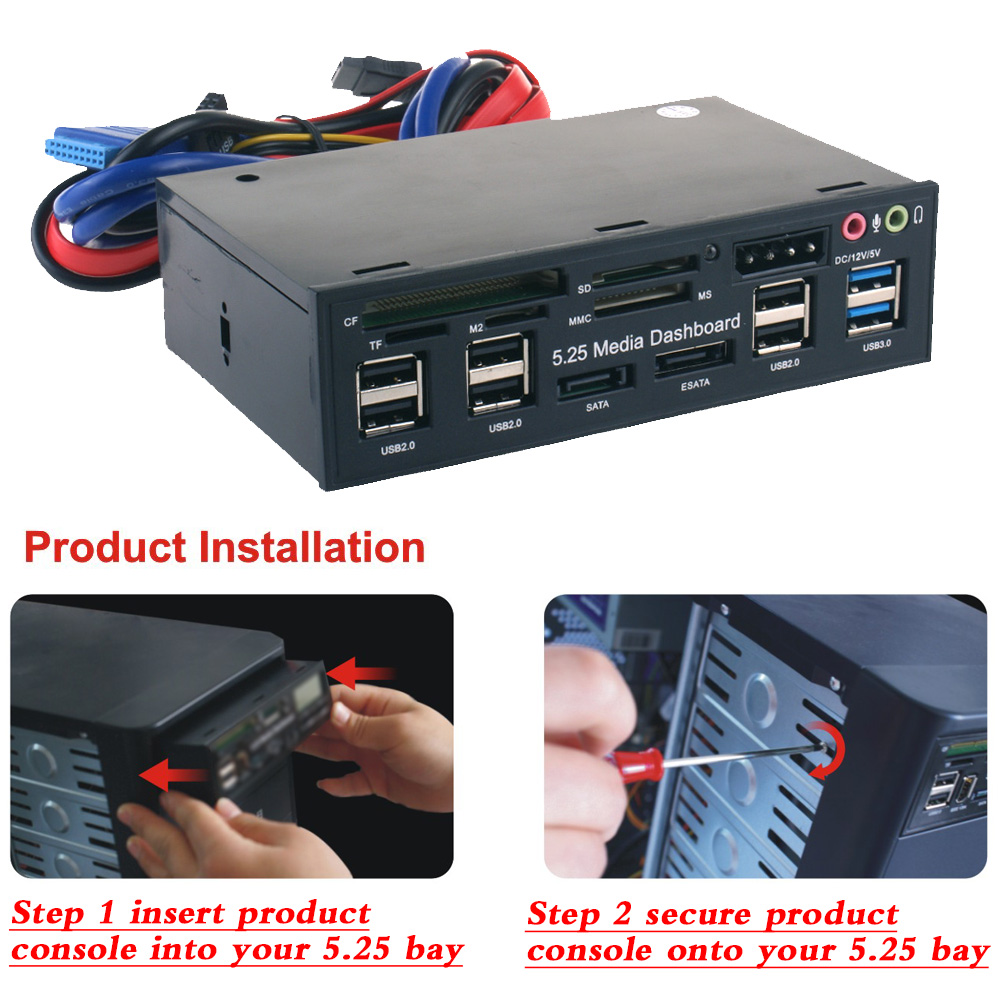 Multi-Function USB 3.0 Hub eSATA SATA Port Internal Card Reader PC Dashboard Media Front Panel Audio for SD MS CF TF M2 MMC Memo