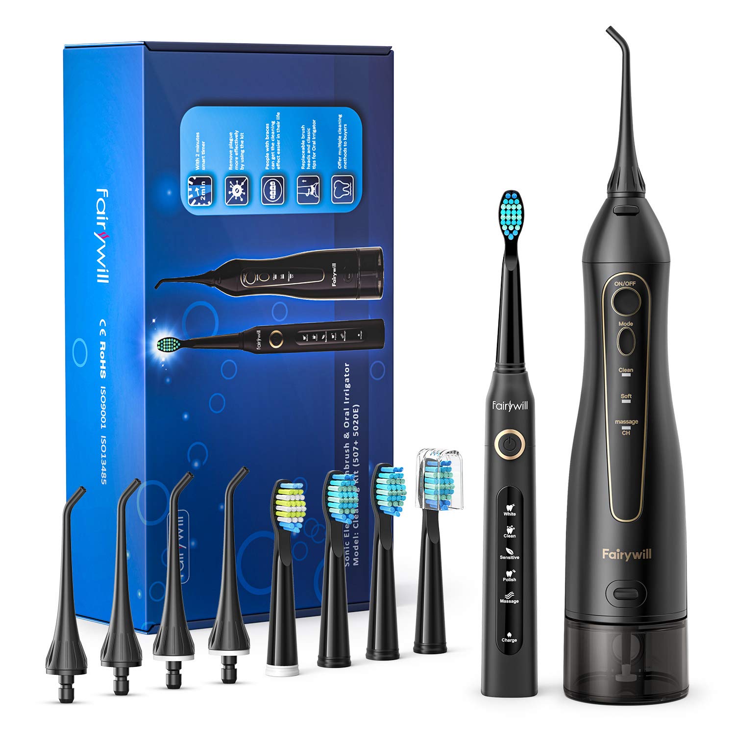 Fairywill Water Flossers szczoteczka do zębów 5020E-E11 USB akumulator przenośny IPX7 wodoodporny 3 tryby 300ML odpinany zbiornik na wodę: FW-5020E-507-Set