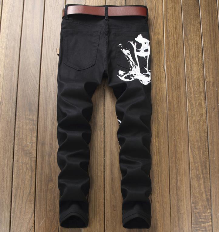 Black Colored Men's Painted Print Jeans Slim Straight Stretch Denim Pants