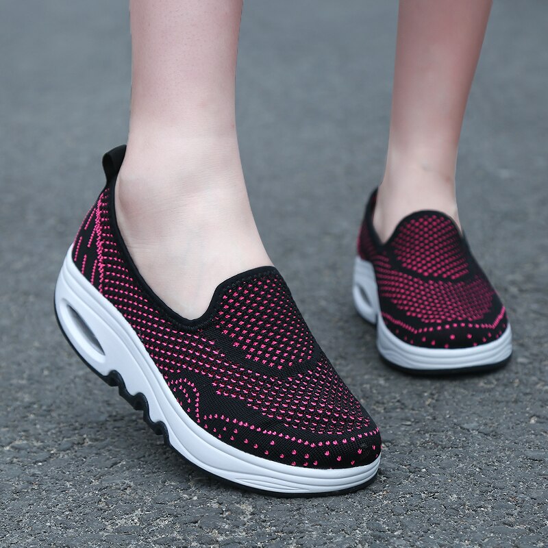 Spring Women Slimming Shoes Slip On Breathable Mesh Sneakers Outdoor Wedge Height Increasing Female Toning Swing Sneakers