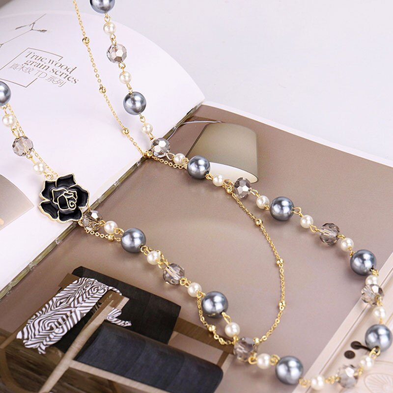 Brand Lange Gesimuleerde Parel Ketting Voor Vrouwen Camellia Dubbele Laag Hanger Lange Ketting Partij Sieraden