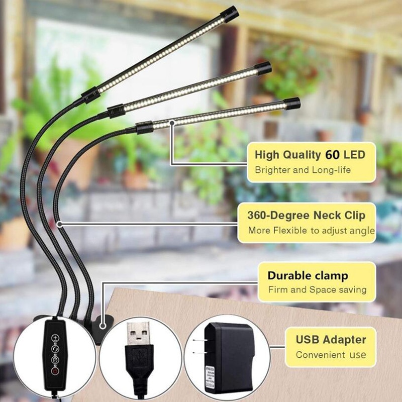 Usb-timer, 3/4- kops led-kweeklamp, fytolamp, kweektent voor binnen, kweekkast, cultivo, gele clip, zonlicht, volspectrum, plantengroeilamp