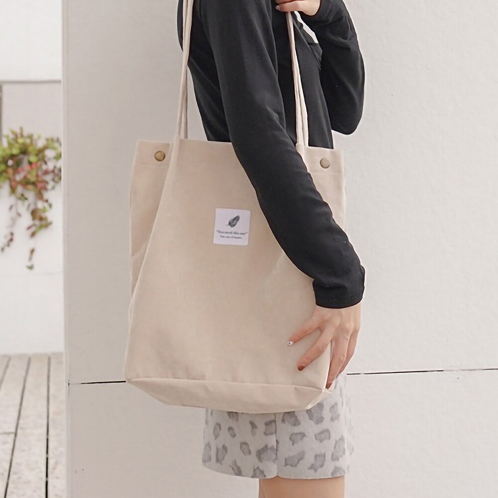Bolso de pana para mujer, bolsa de compras de tela de lona, bolsa de lona ecológica, bolso de hombro de algodón de gran capacidad, bolsa de compra reutilizable: beige