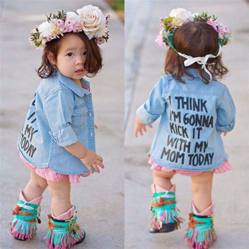Herfst Peuter Kids Baby Meisje Jongen Shirts Tops Kleding Denim Brief Print Lange Mouwen Button Tops Blauw Warme Jas Shirt lente