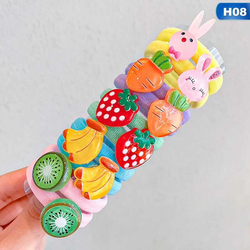 10pcs/bag Cute Cartoon Fruit Flower Elastic Hair Rubber Bands For Children Kids Girls Scrunchie Tie Hair Ring Rope Accessories: H08