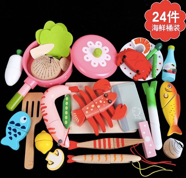 Wooden cutting fruit kitchen toy Food Toys Fruit Fish Vegetable Blocks Montessori preschool educational toy kids Birthday: 24pcs